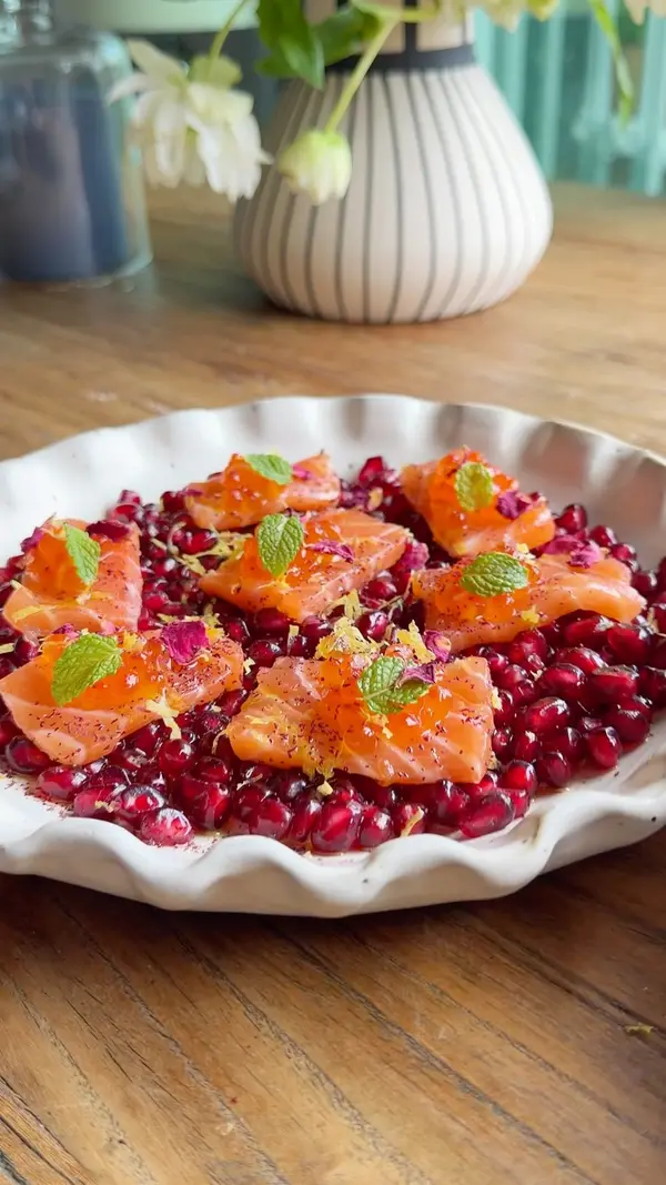 Salmon Crudo Over Pomegranate & Rose