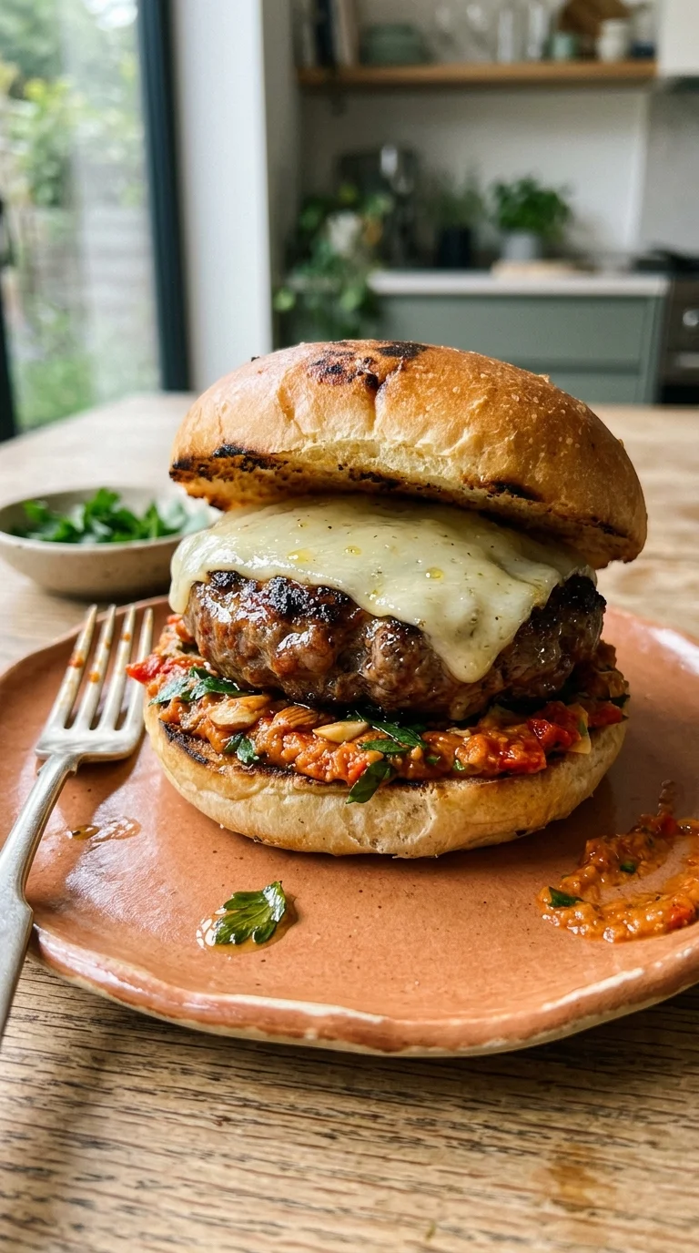 Spanish-Style Chorizo and Romesco Burgers with Manchego Cheese