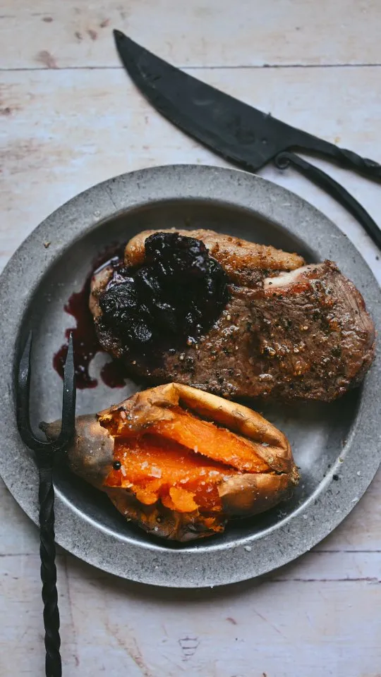 Henry VIII's Aphrodisiac Feast: Roasted Sweet Potato with Rump Steak and Wine-Soaked Prunes