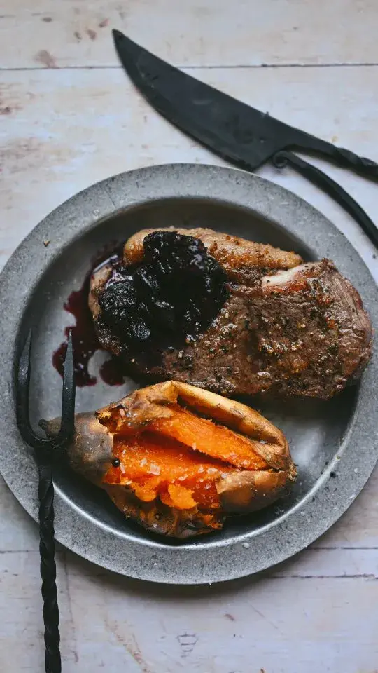 Henry VIII's Aphrodisiac Feast: Roasted Sweet Potato with Rump Steak and Wine-Soaked Prunes
