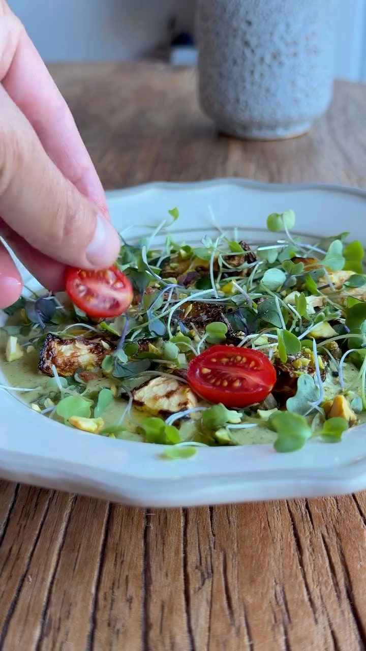 Tomatillo Chile Gazpacho with Roasted Baby Zucchini, Figs & Microgreens