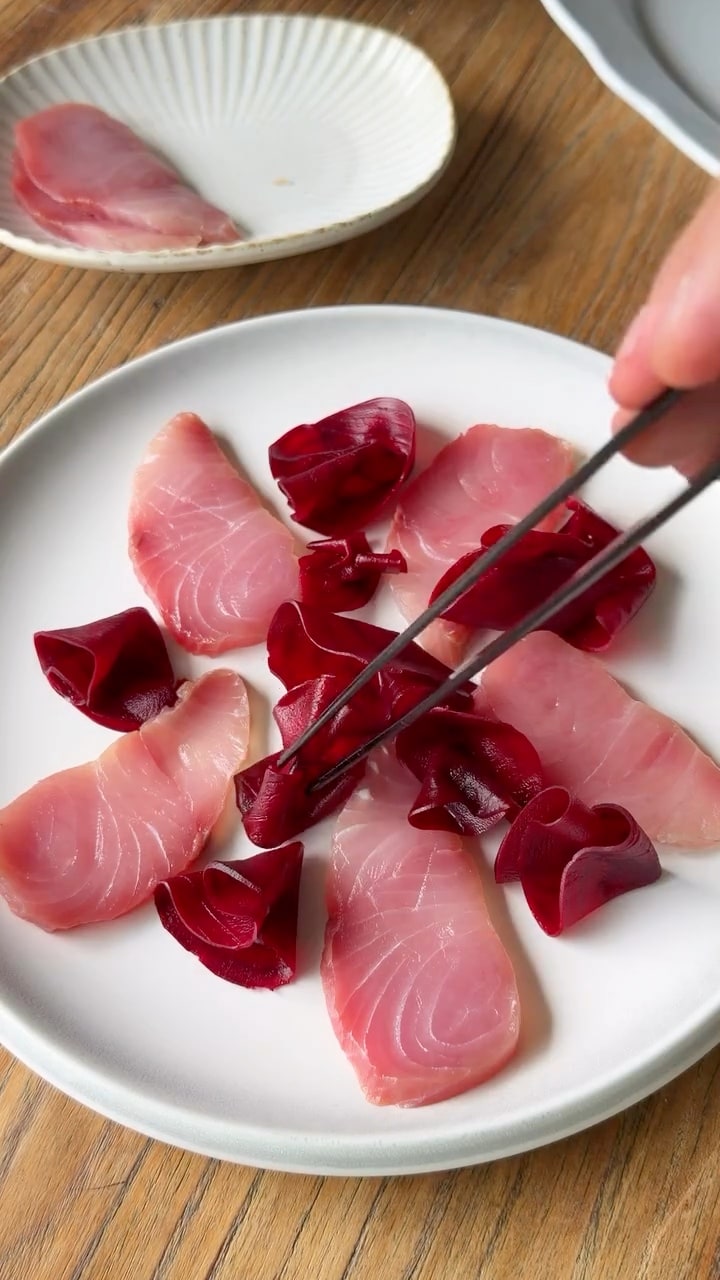 Yellowtail Crudo with Pickled Beetroot, Gooseberries, and Green Apple Tiger’s Milk