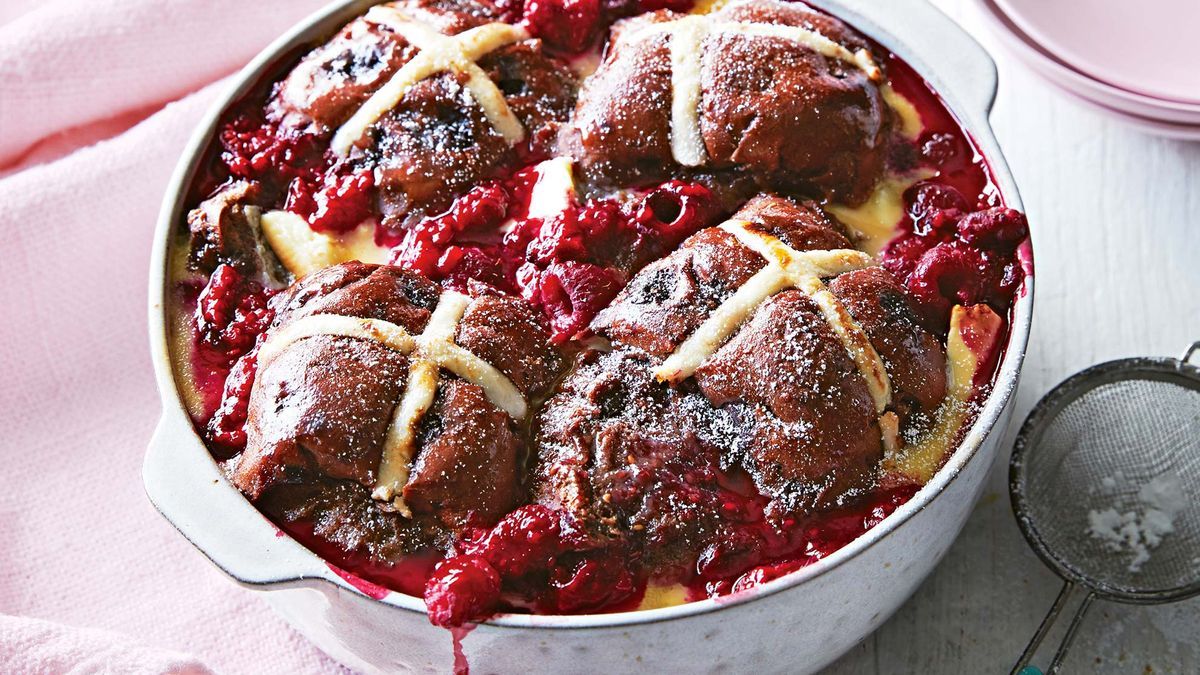 Raspberry and Chocolate Hot Cross Bun Pudding