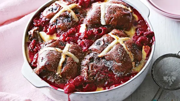 Raspberry and Chocolate Hot Cross Bun Pudding