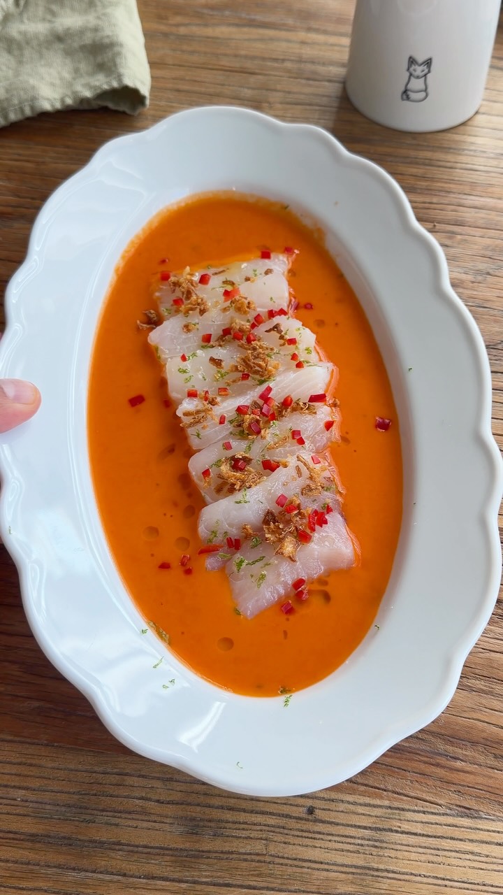 Halibut Crudo & Spicy Tomato, Strawberry Gazpacho