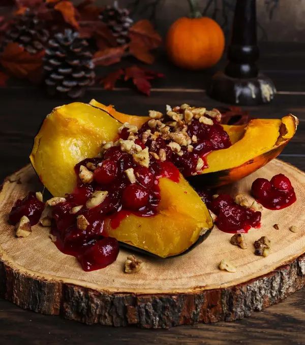 Maple Roasted Acorn Squash with Cranberry Sauce