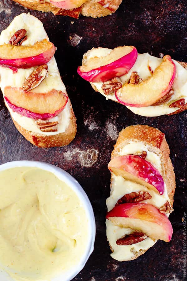 Roasted Peaches and Orange Whipped Greek Yoghurt Crostini