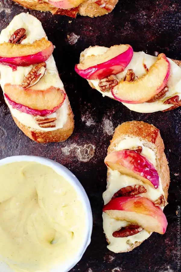 Roasted Peaches and Orange Whipped Greek Yoghurt Crostini