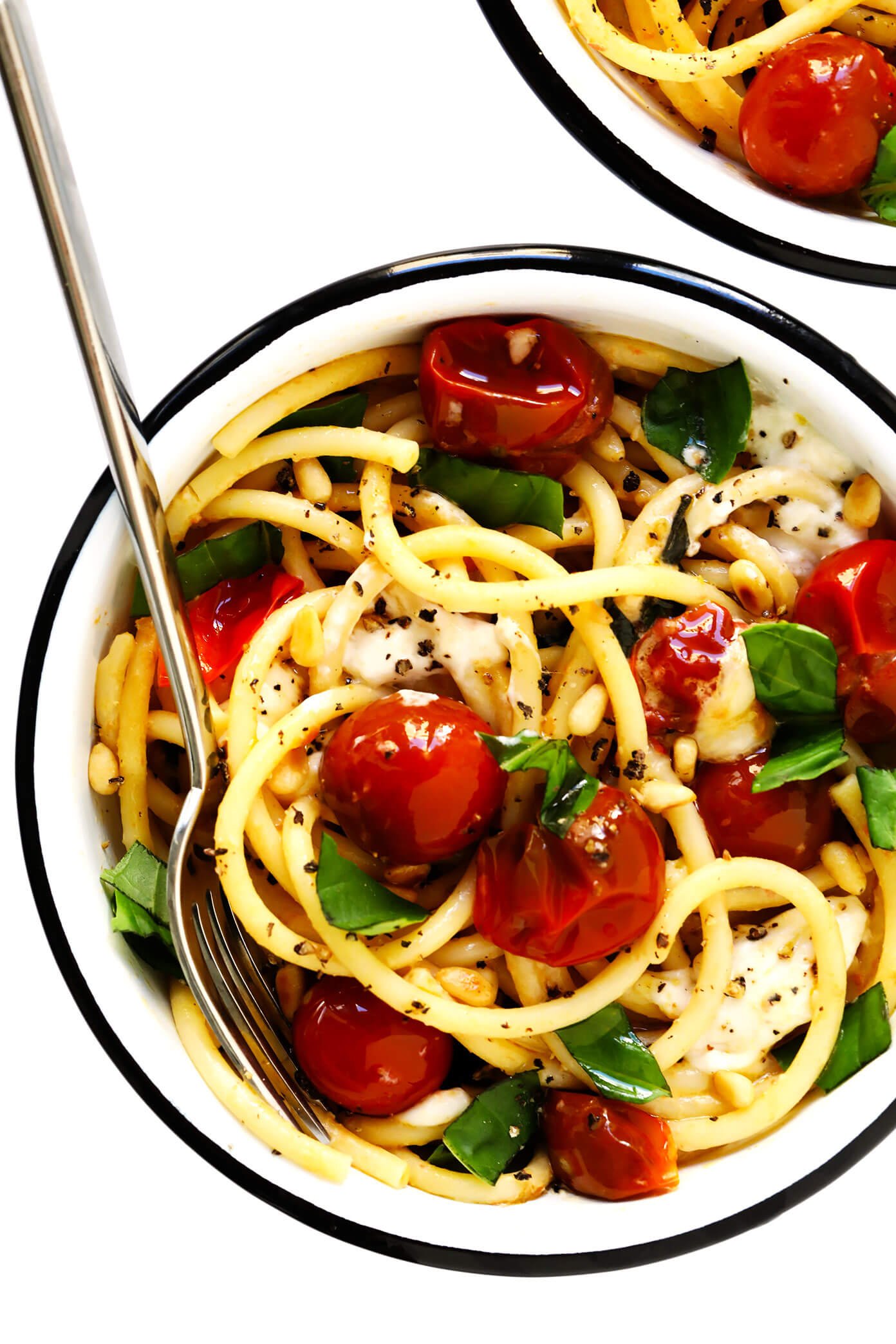 Garlicky Pasta with Burrata, Basil and Burst Cherry Tomatoes