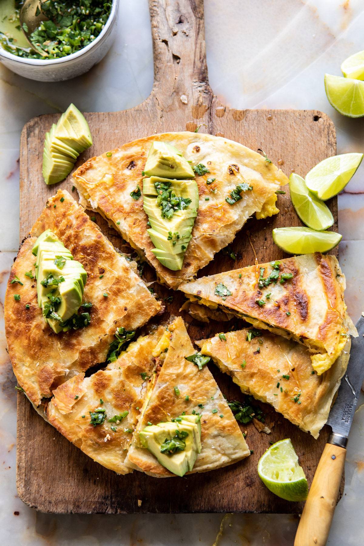 Breakfast Quesadilla with Soft Scrambled Eggs and Avocado Salsa
