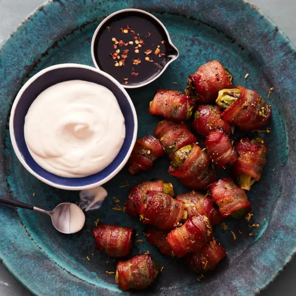 Bacon-Wrapped Brussels Sprouts with Creamy Lemon Dip