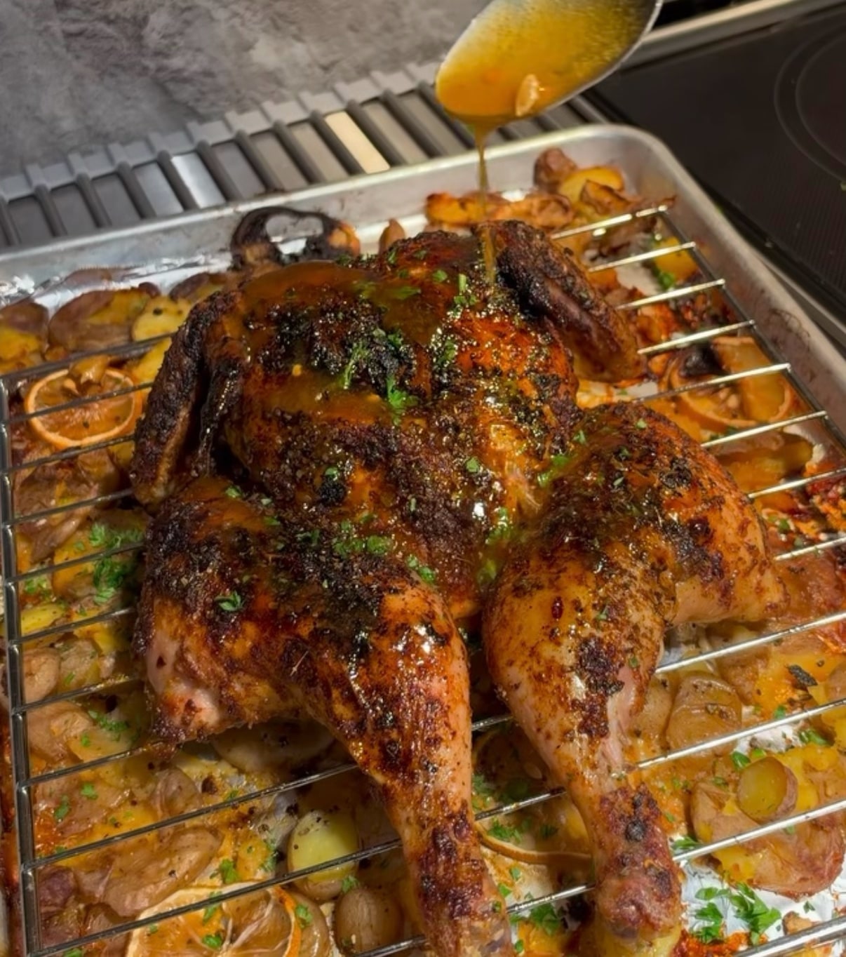 Cajun Honey Butter Chicken with Crispy Smashed Potatoes and Roasted Sweet/Tart Lemon Slices